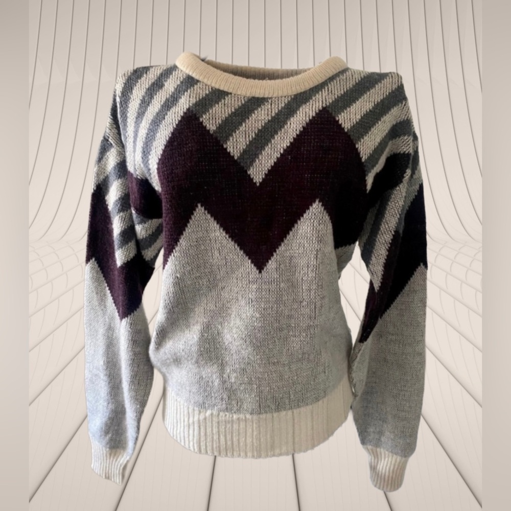 VTG 80s Sweater Geometric Multicolored Pattern Knit Retro Chevron Crewneck